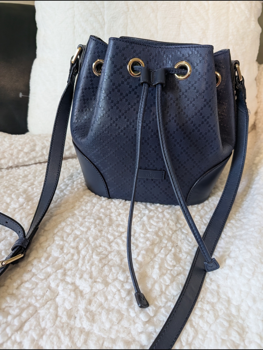 Gucci Navy Blue Bucket Drawstring Shoulder Bag Gold Hardware - Picture 7 of 13